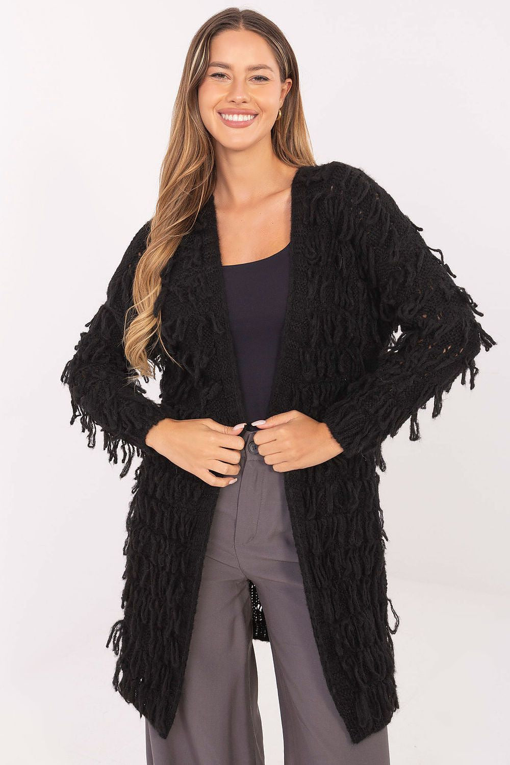Nero / Universale Cardigan da donna lungo con frange