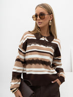 Marrone / Taglia unica Eli - Maglione Elegante a Polo Righe