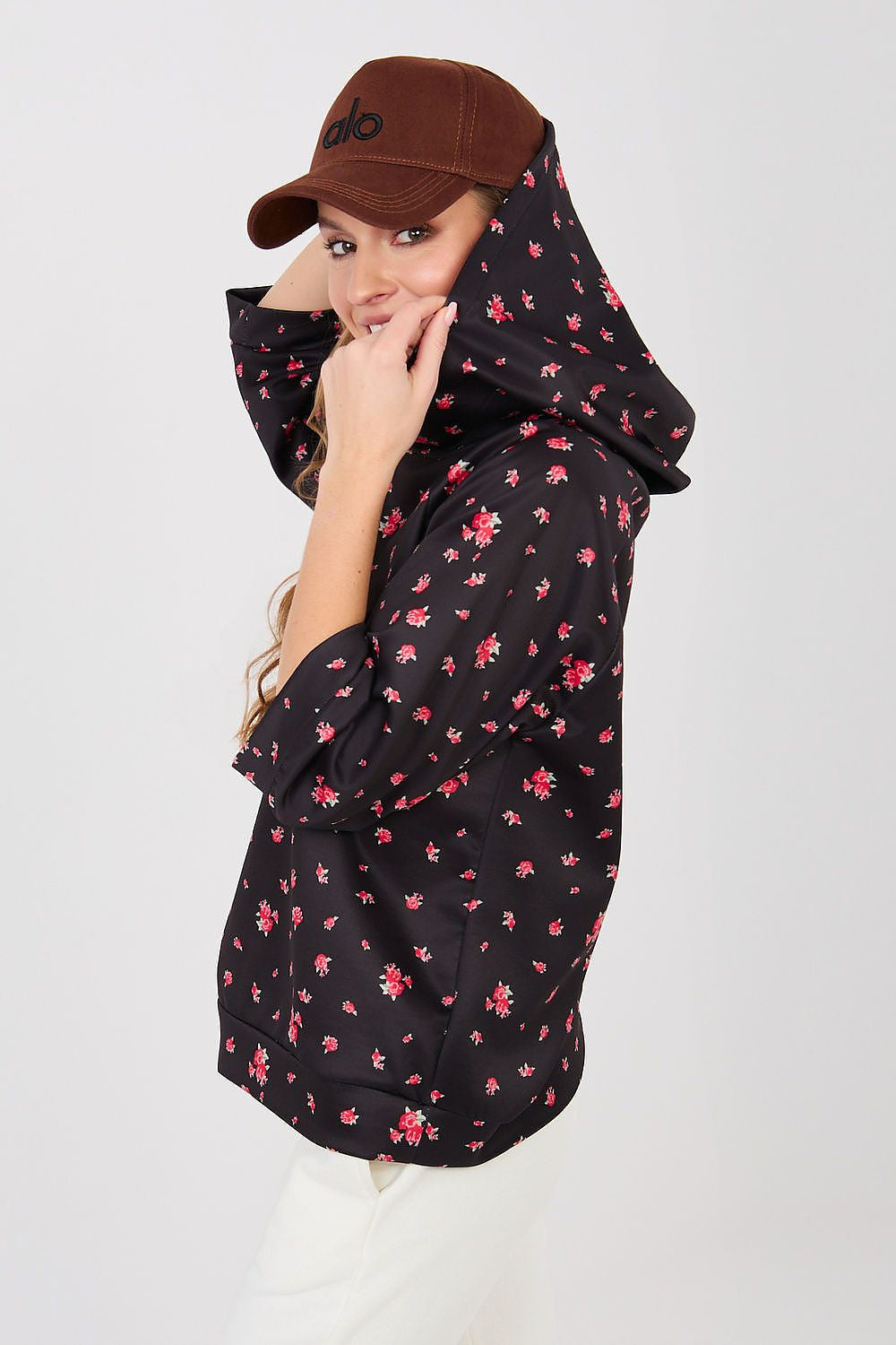 Felpa casual da donna con stampa floreale e cappuccio