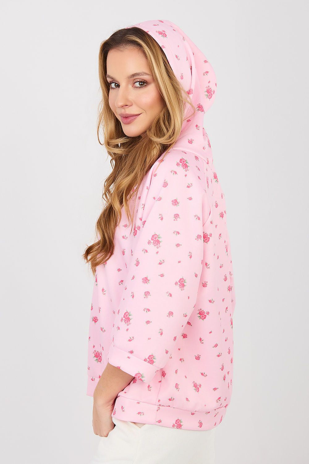 Felpa casual da donna con stampa floreale e cappuccio