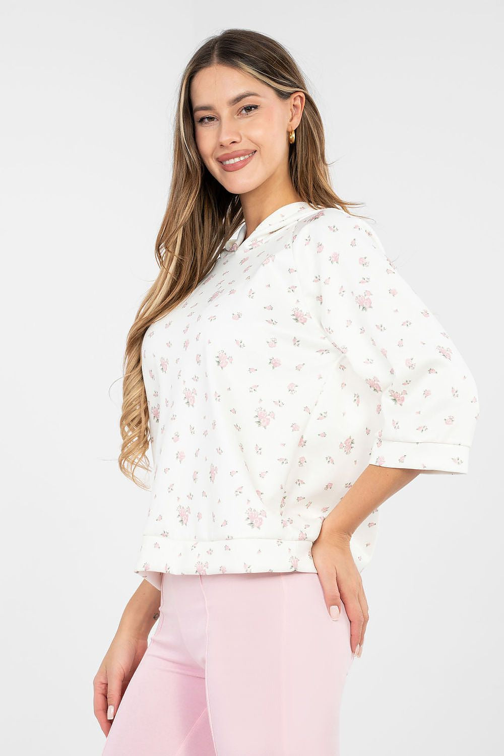 Felpa casual da donna con stampa floreale e cappuccio