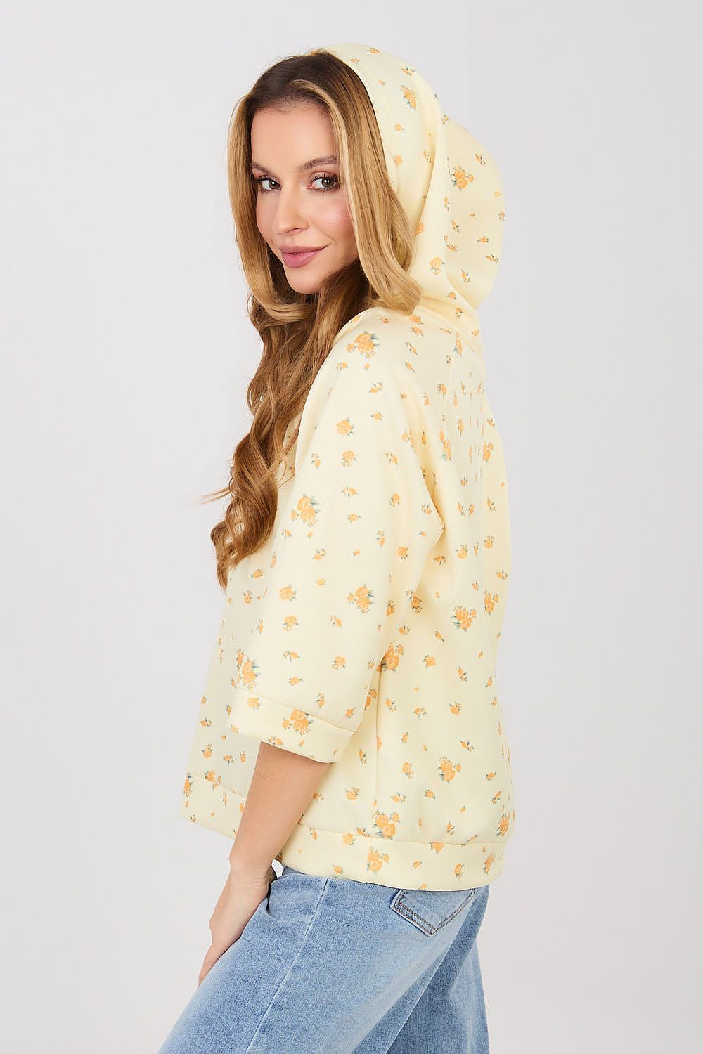 Felpa casual da donna con stampa floreale e cappuccio