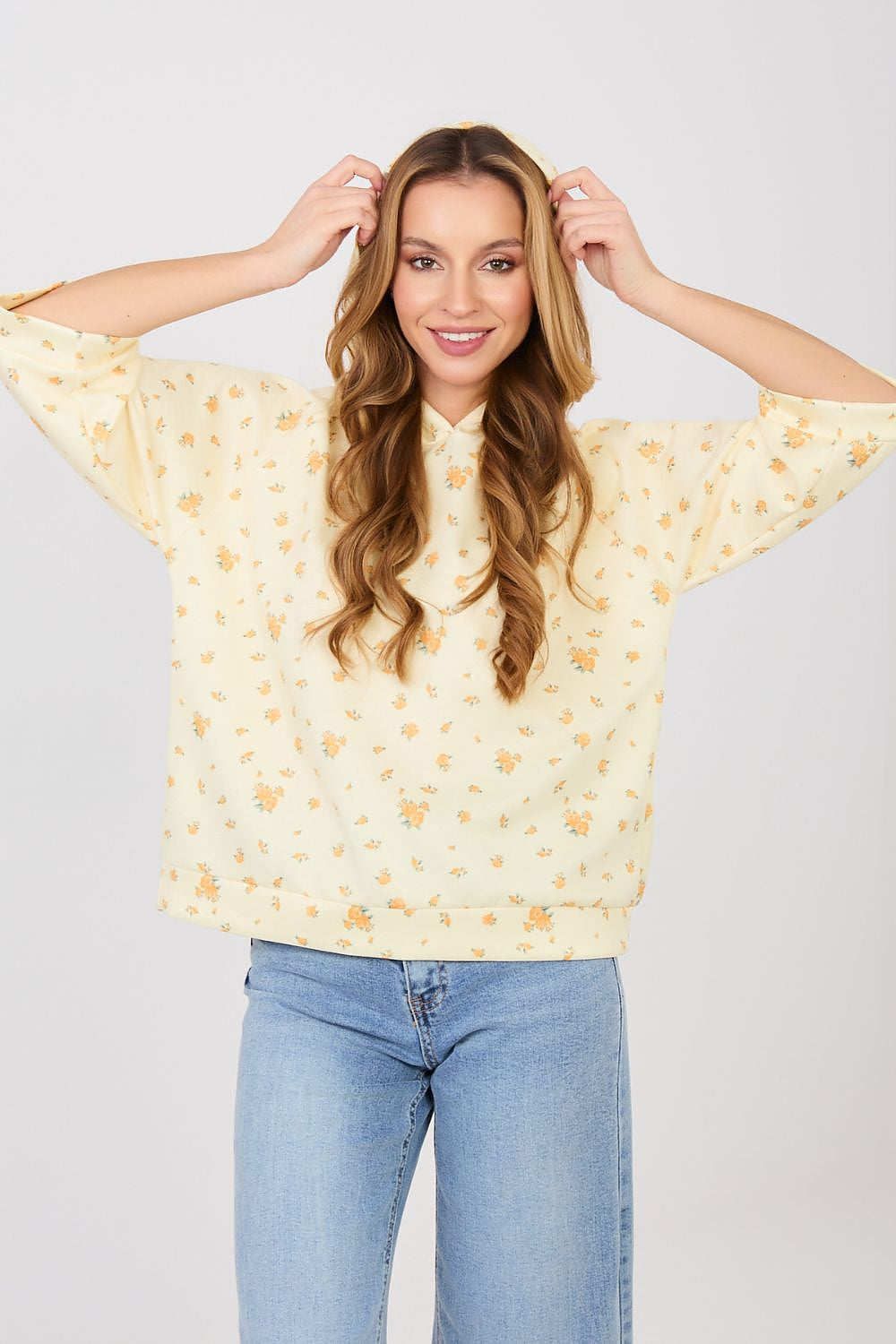 Felpa casual da donna con stampa floreale e cappuccio