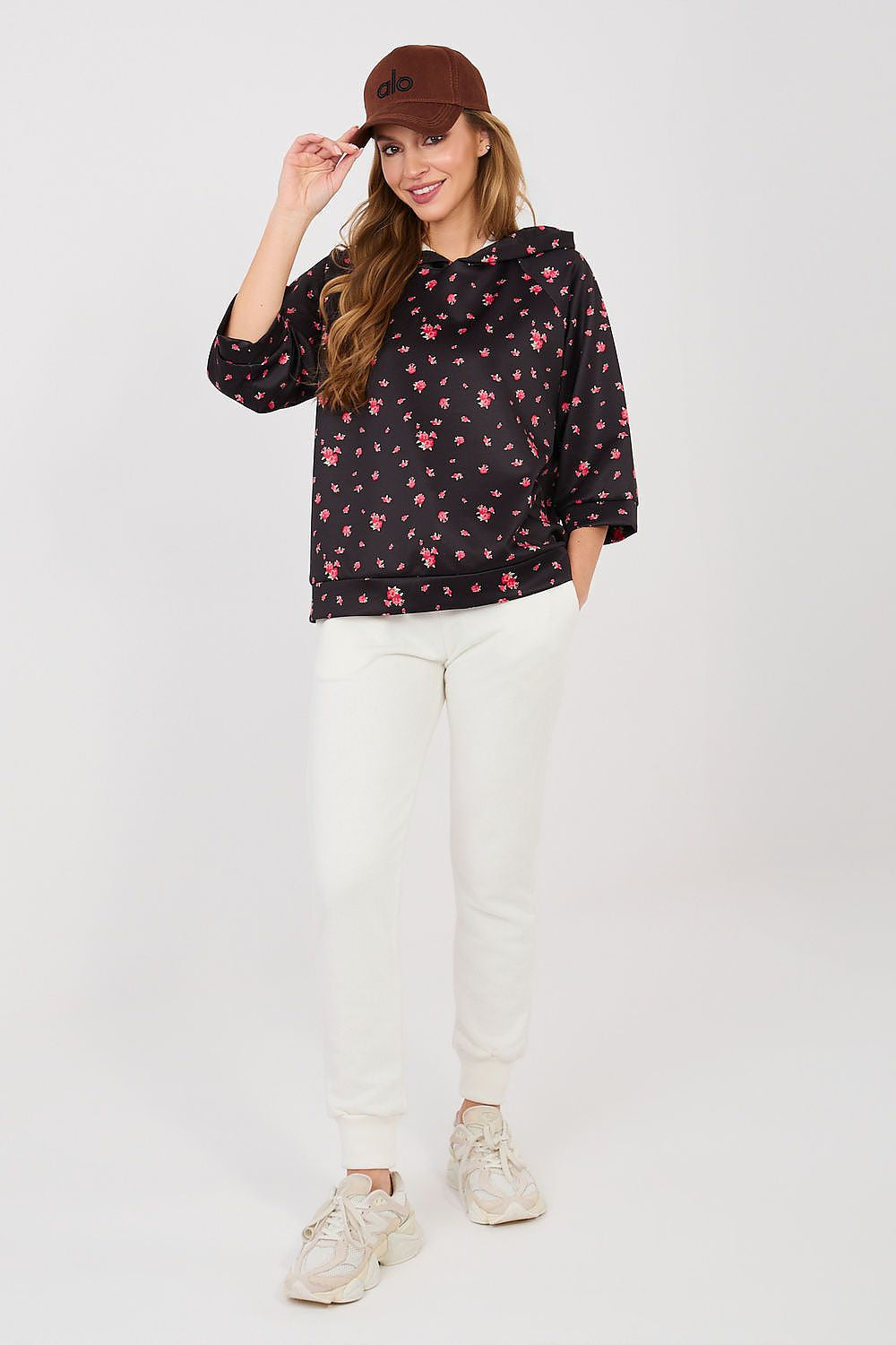 Felpa casual da donna con stampa floreale e cappuccio