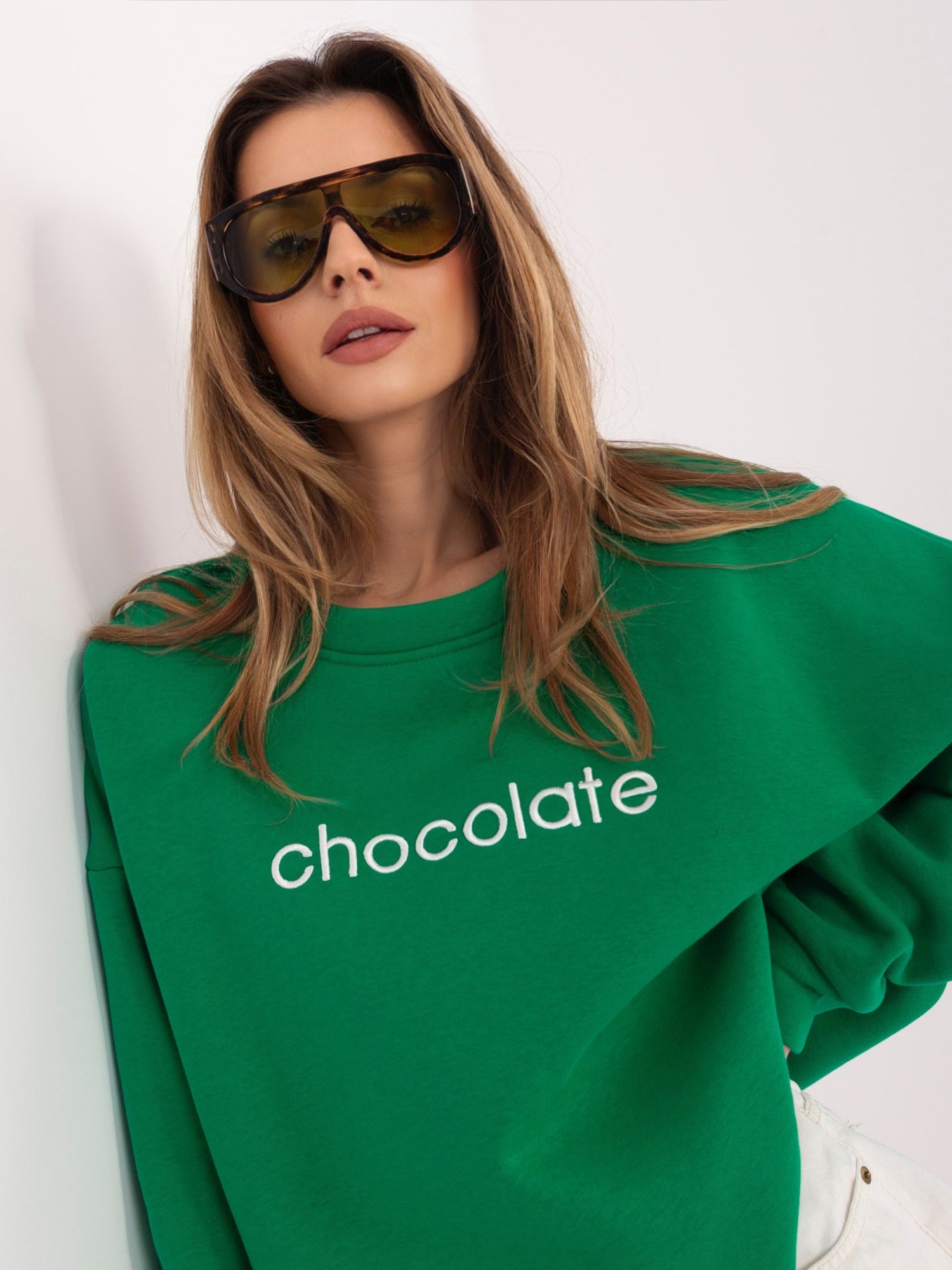 Felpa Garzata Oversize Girocollo con Ricamo in Cotone