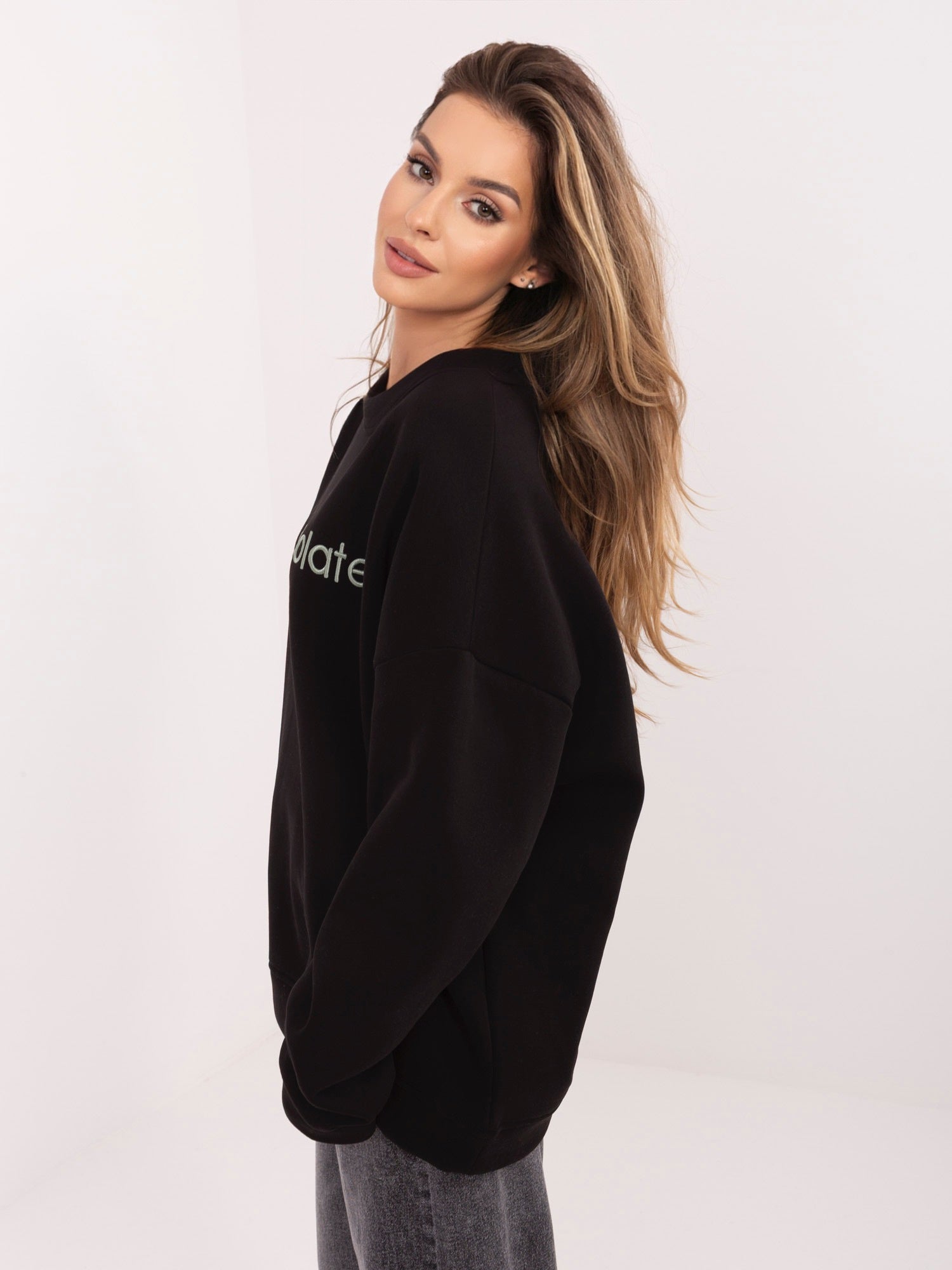 Felpa Garzata Oversize Girocollo con Ricamo in Cotone