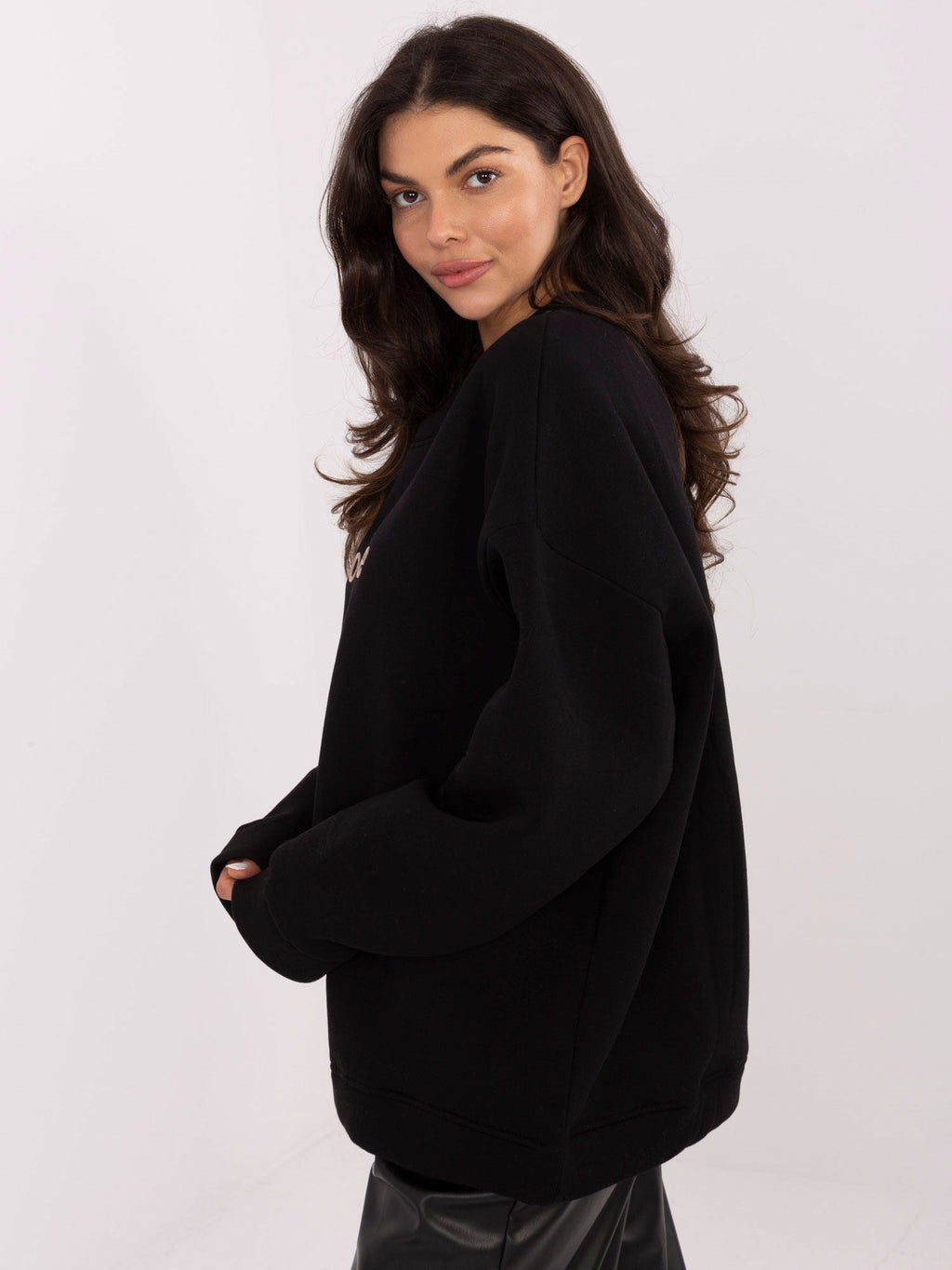 Felpa Garzata Oversize Girocollo con Ricamo in Cotone