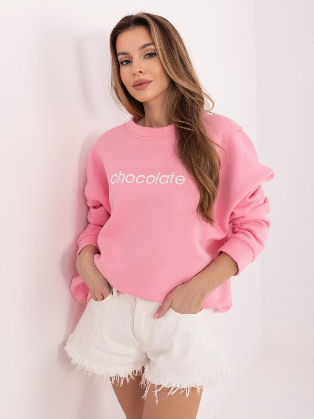 Felpa Garzata Oversize Girocollo con Ricamo in Cotone