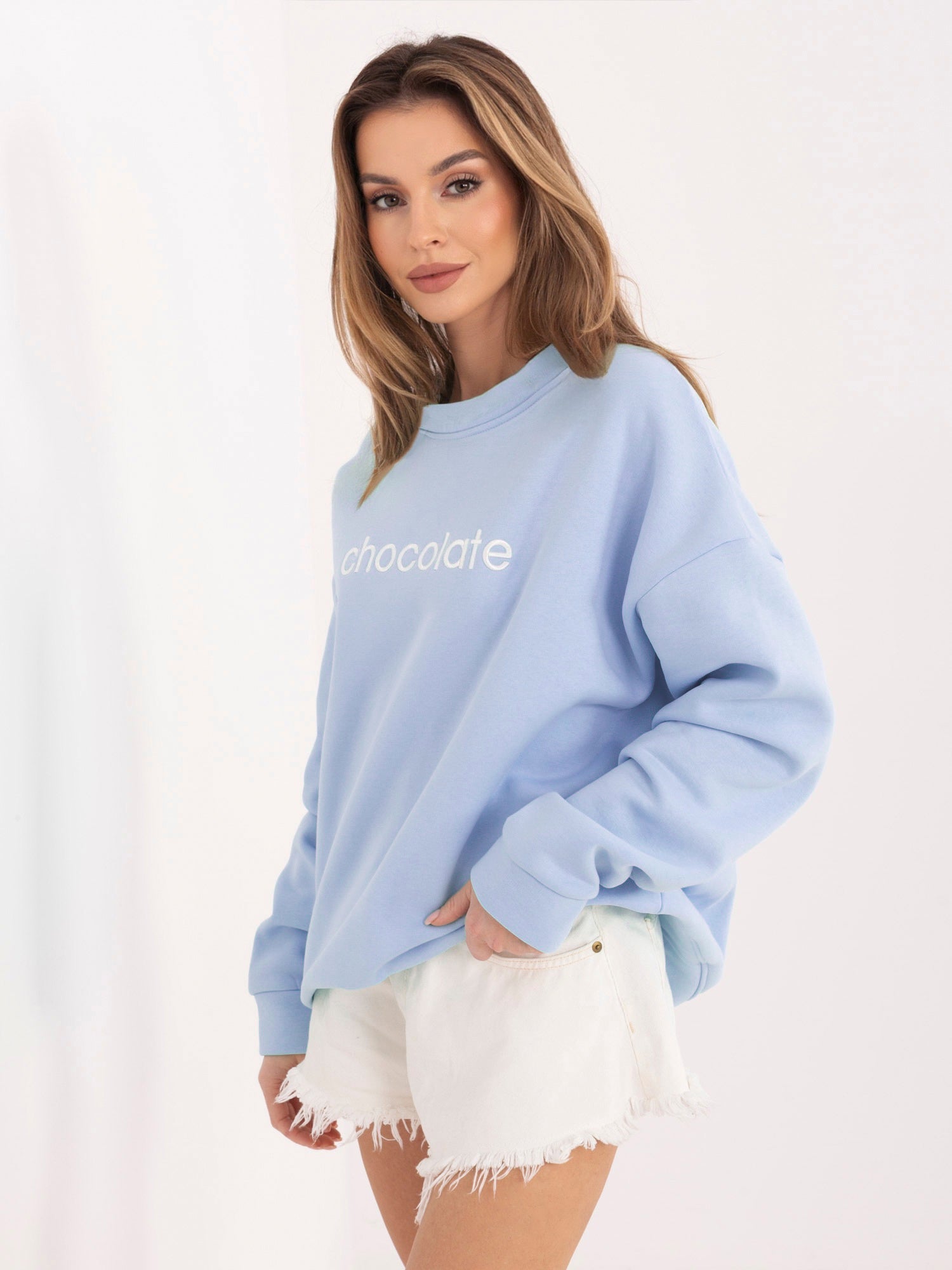 Felpa Garzata Oversize Girocollo con Ricamo in Cotone