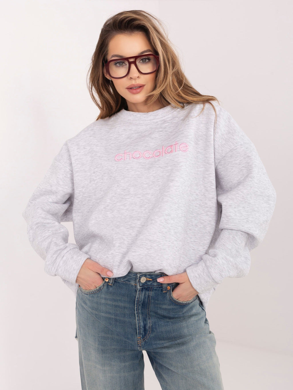 Felpa Garzata Oversize Girocollo con Ricamo in Cotone