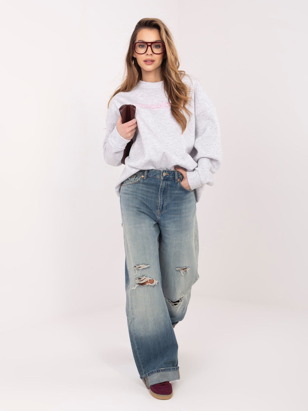 Felpa Garzata Oversize Girocollo con Ricamo in Cotone