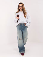 Felpa Garzata Oversize Girocollo con Ricamo in Cotone