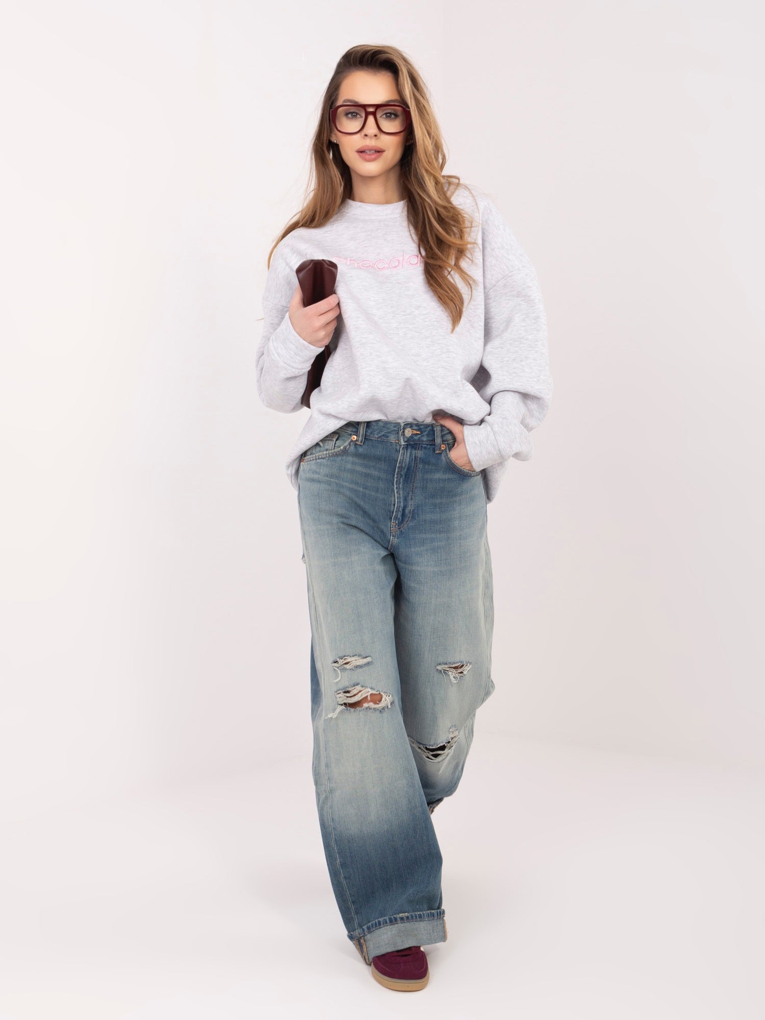 Felpa Garzata Oversize Girocollo con Ricamo in Cotone