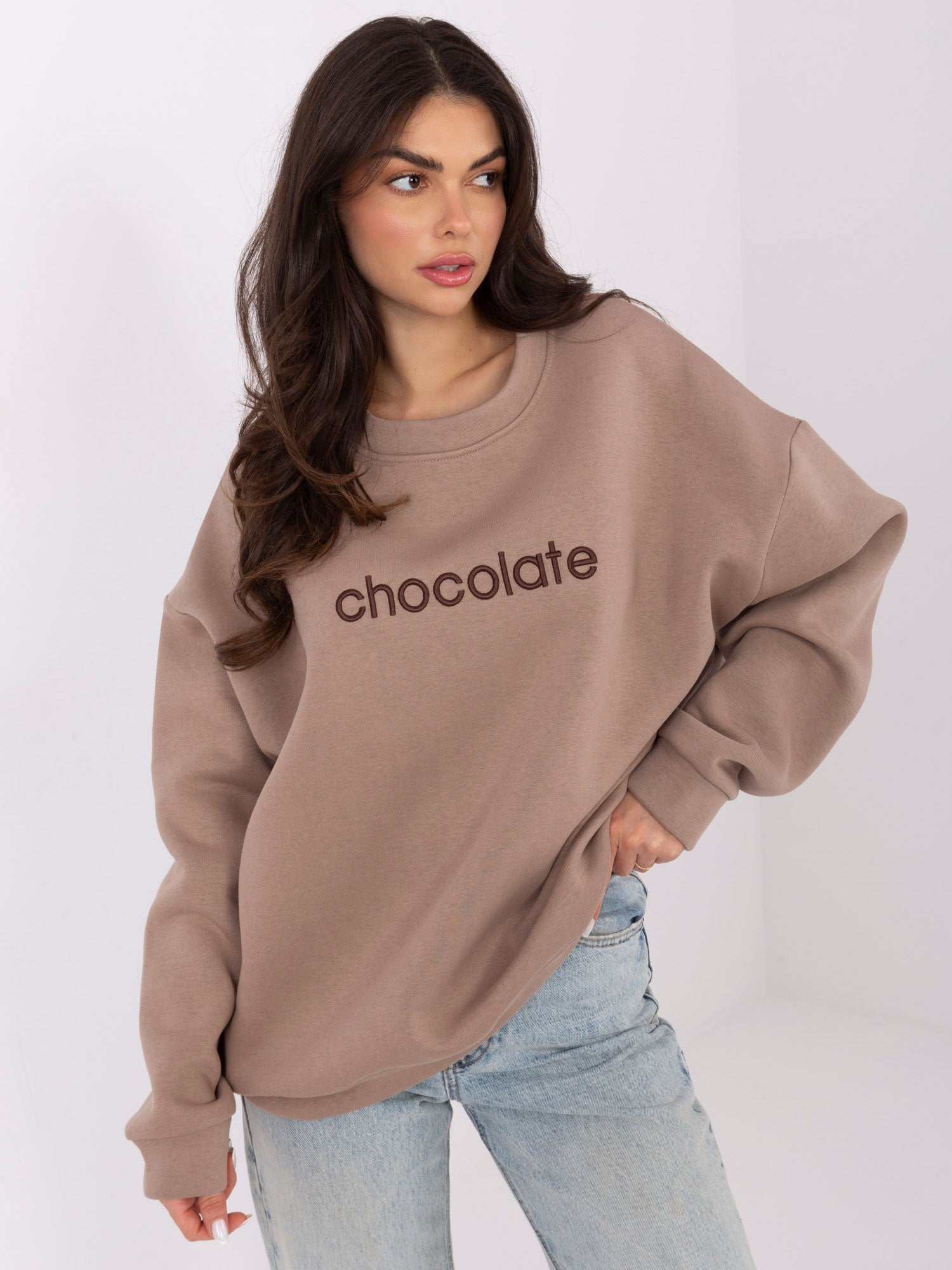 Beige / ONE SIZE Felpa Garzata Oversize Girocollo