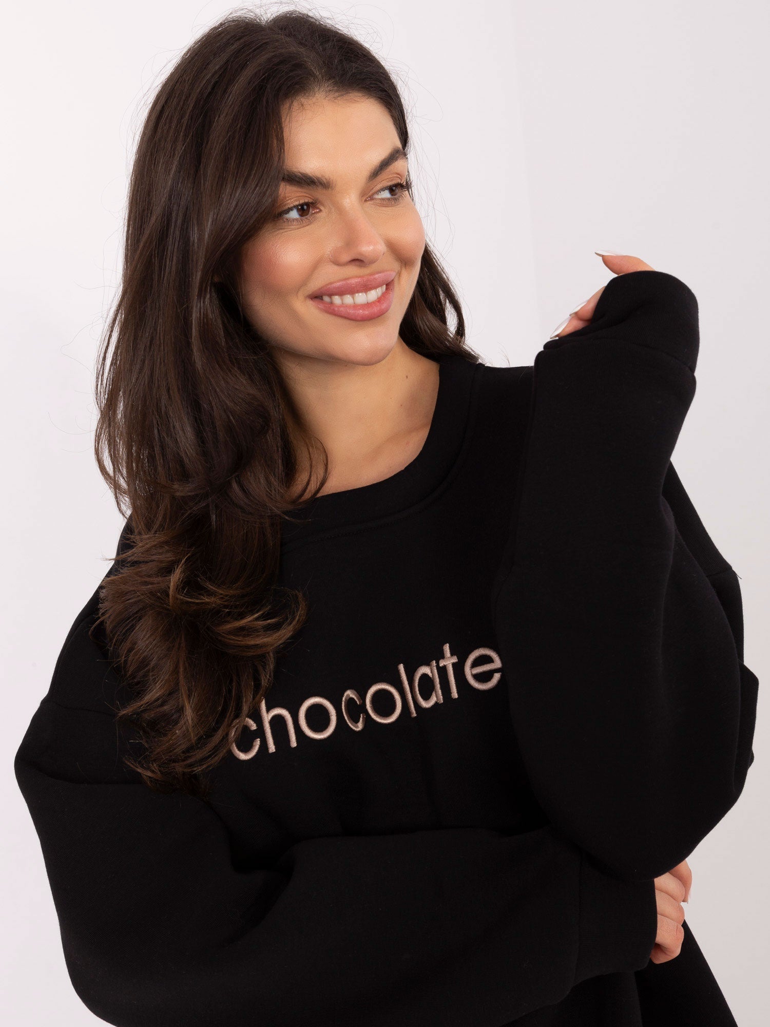 Nero / ONE SIZE Felpa Garzata Oversize Girocollo con Ricamo