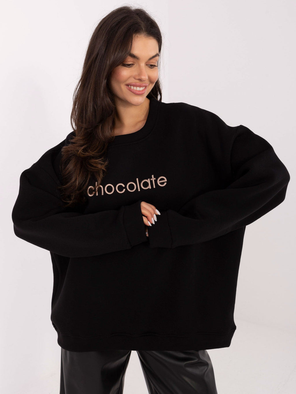 Felpa Garzata Oversize Girocollo con Ricamo in Cotone