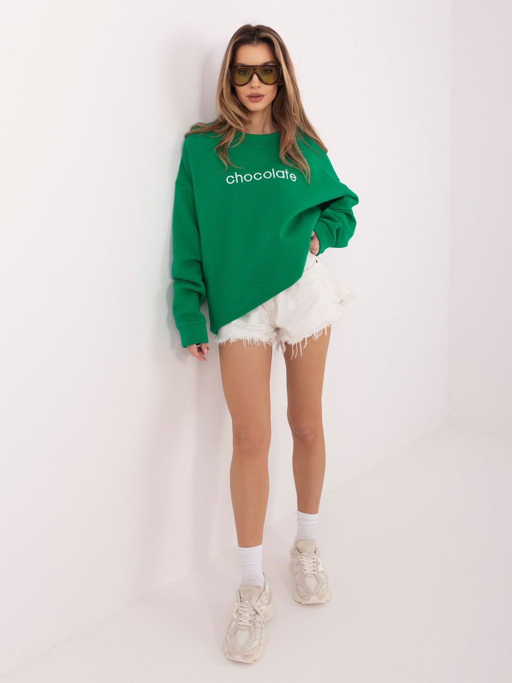 Felpa Garzata Oversize Girocollo con Ricamo in Cotone