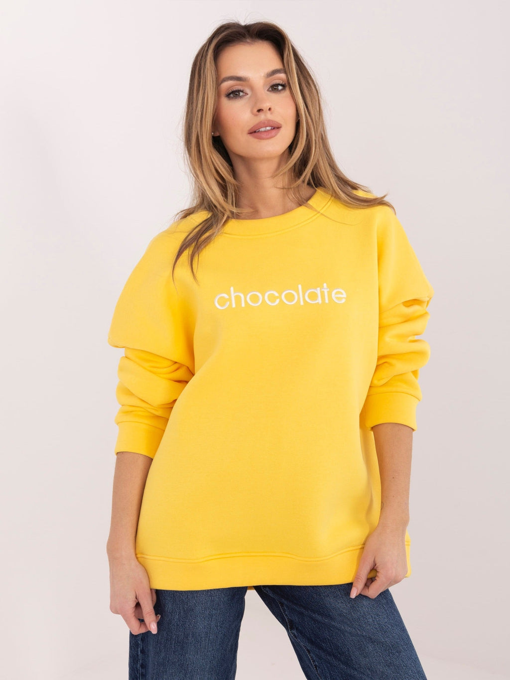 Felpa Garzata Oversize Girocollo con Ricamo in Cotone