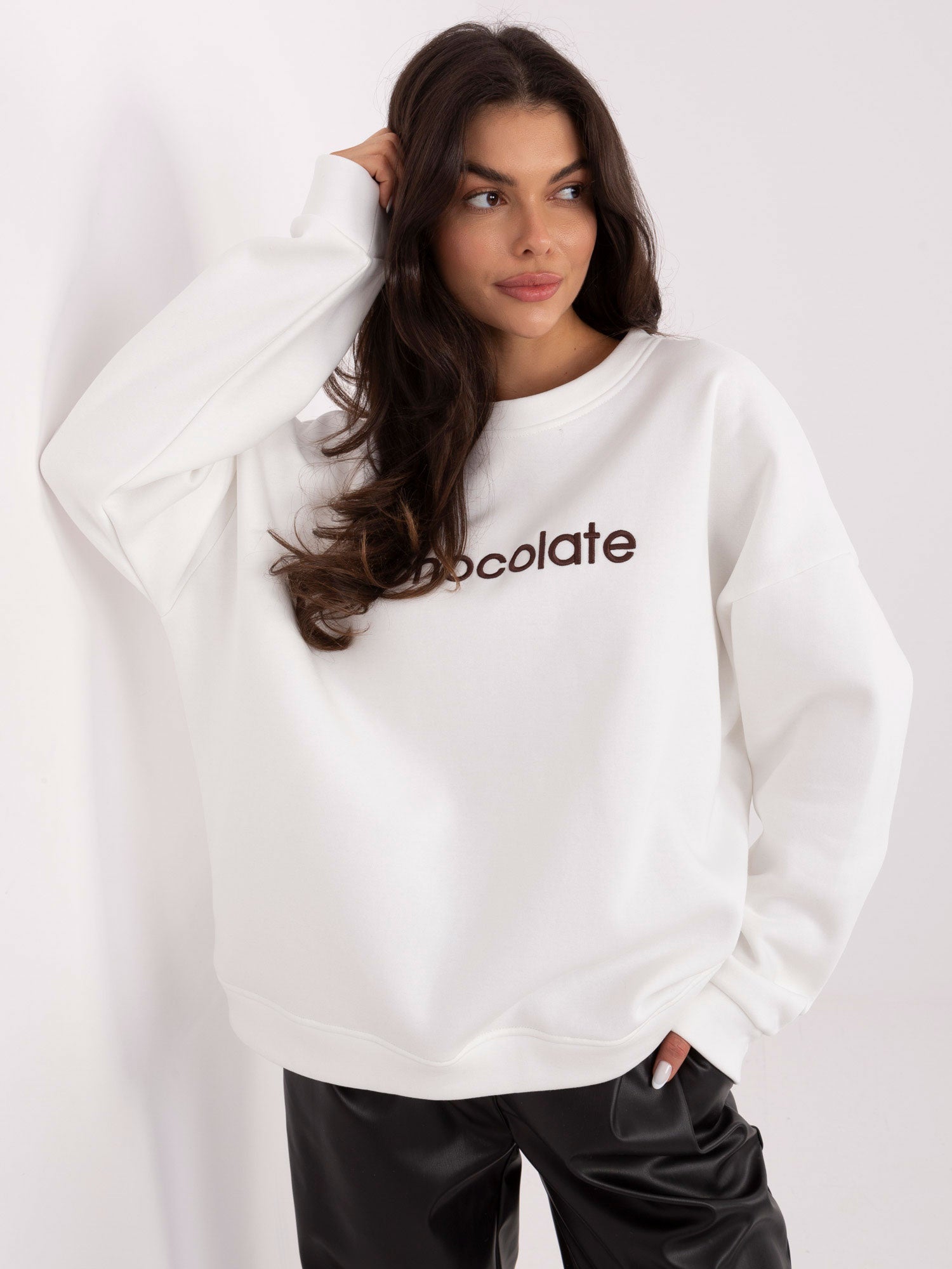 Felpa Garzata Oversize Girocollo con Ricamo in Cotone