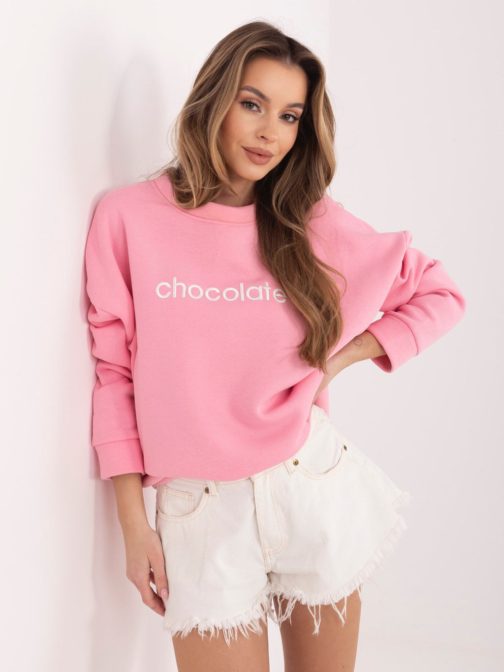 Felpa Garzata Oversize Girocollo con Ricamo in Cotone