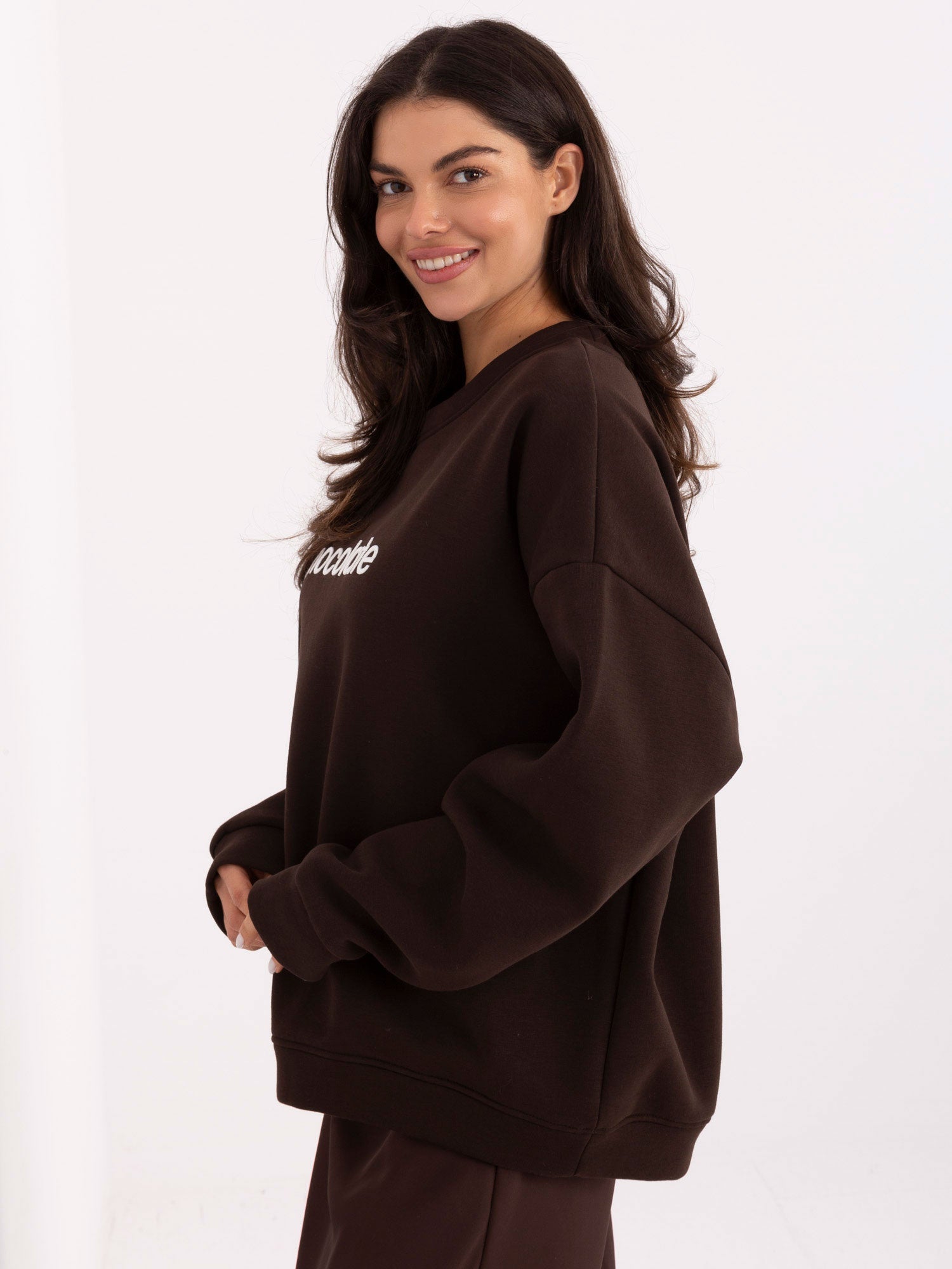 Felpa Garzata Oversize Girocollo con Ricamo in Cotone