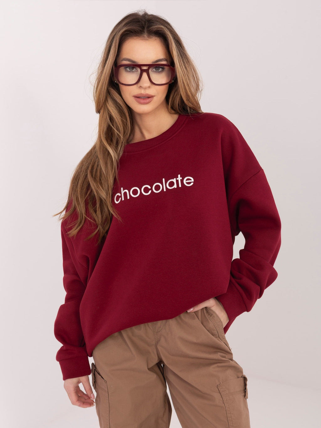 Felpa Garzata Oversize Girocollo con Ricamo in Cotone