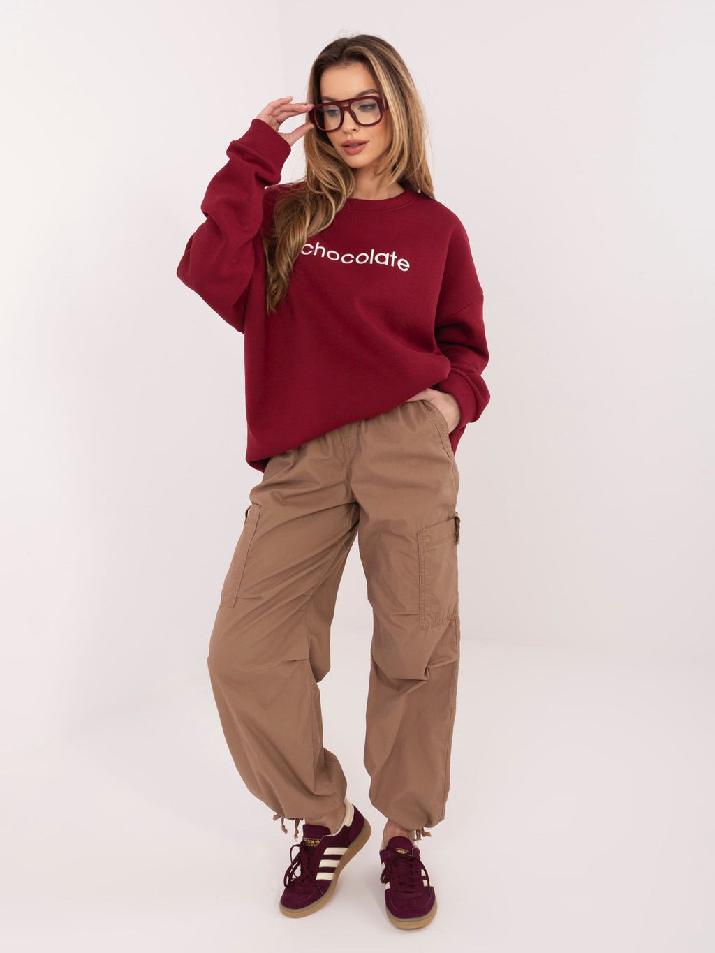 Felpa Garzata Oversize Girocollo con Ricamo in Cotone