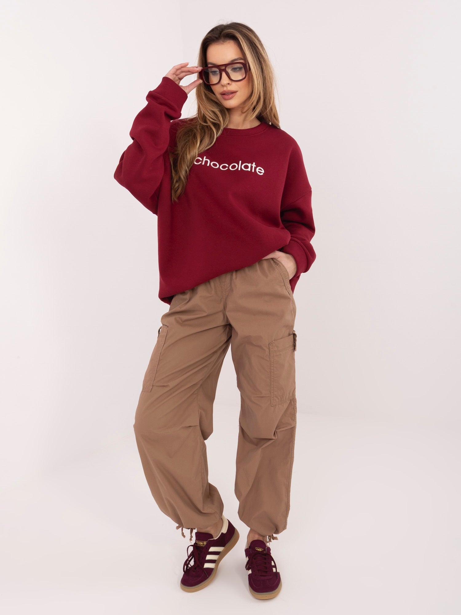 Felpa Garzata Oversize Girocollo con Ricamo in Cotone