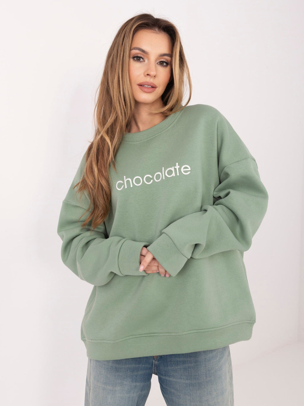 Felpa Garzata Oversize Girocollo con Ricamo in Cotone