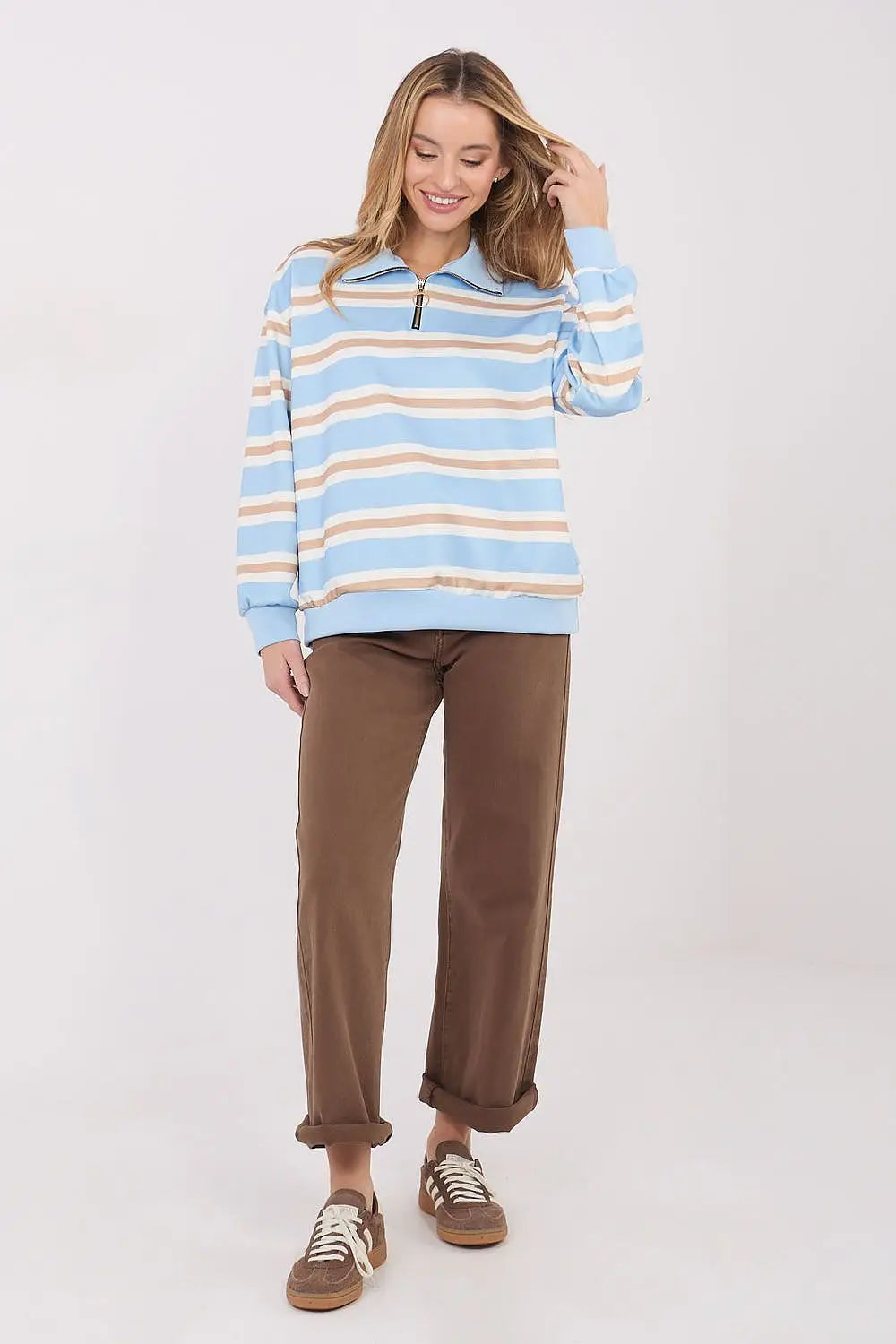 Felpa a righe in viscosa elasticizzata con colletto zip