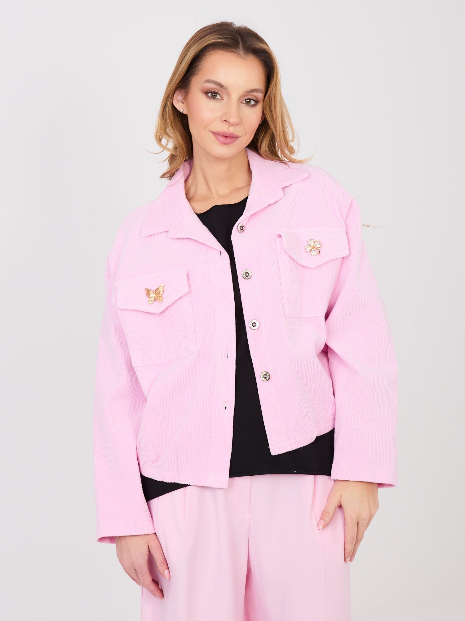 Rosa / ONE SIZE Giacca Bomber in Velluto a Coste con Spille