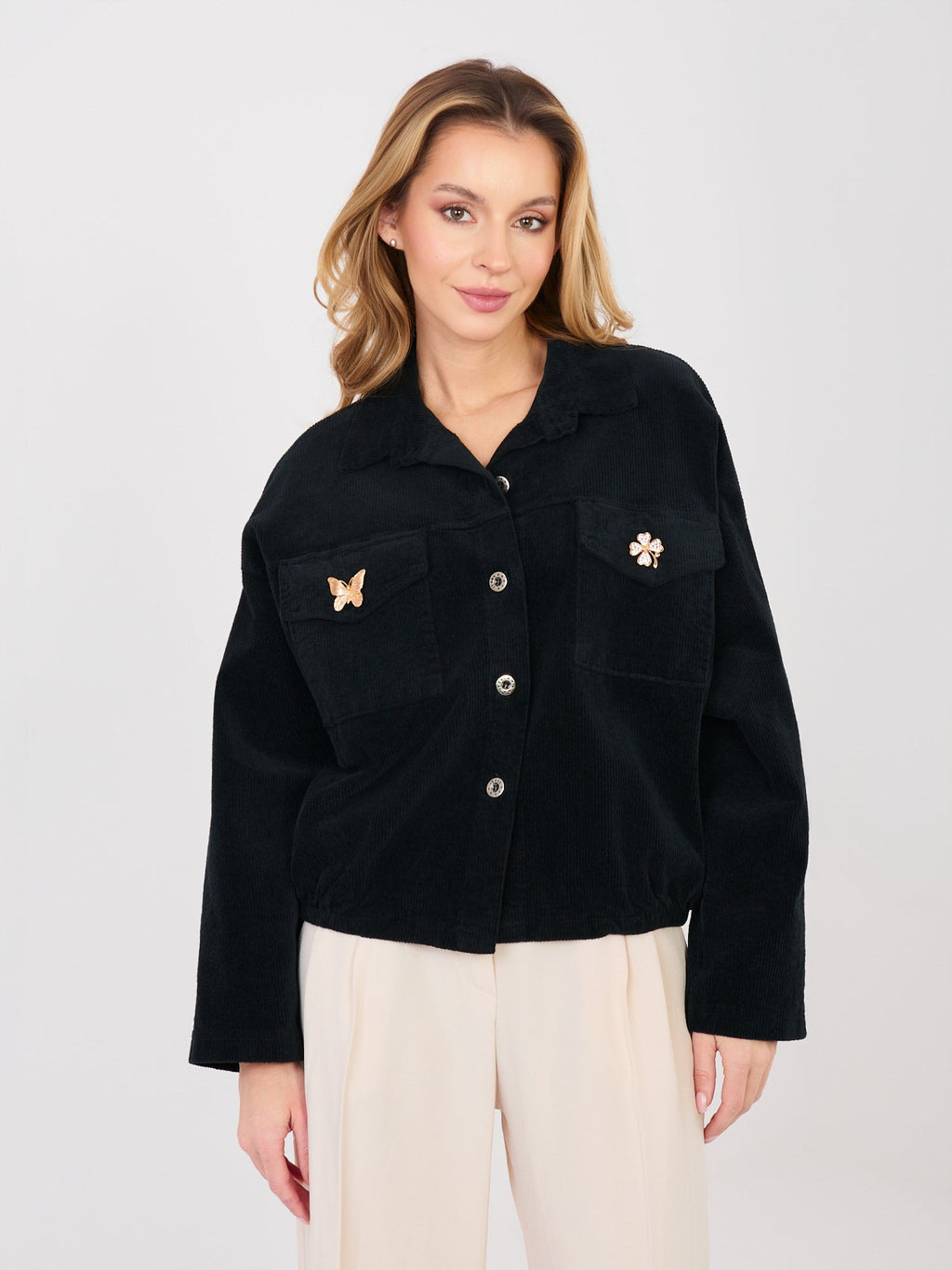 Nero / ONE SIZE Giacca Bomber in Velluto a Coste con Spille