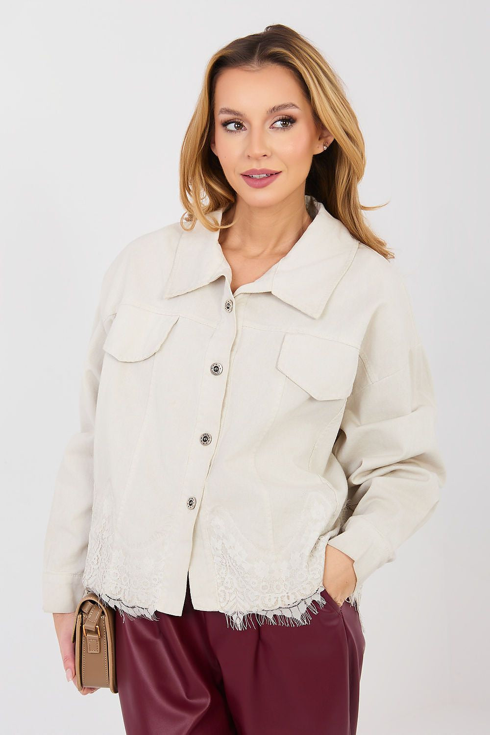 Beige / Universale Giacca di jeans donna in cotone alta