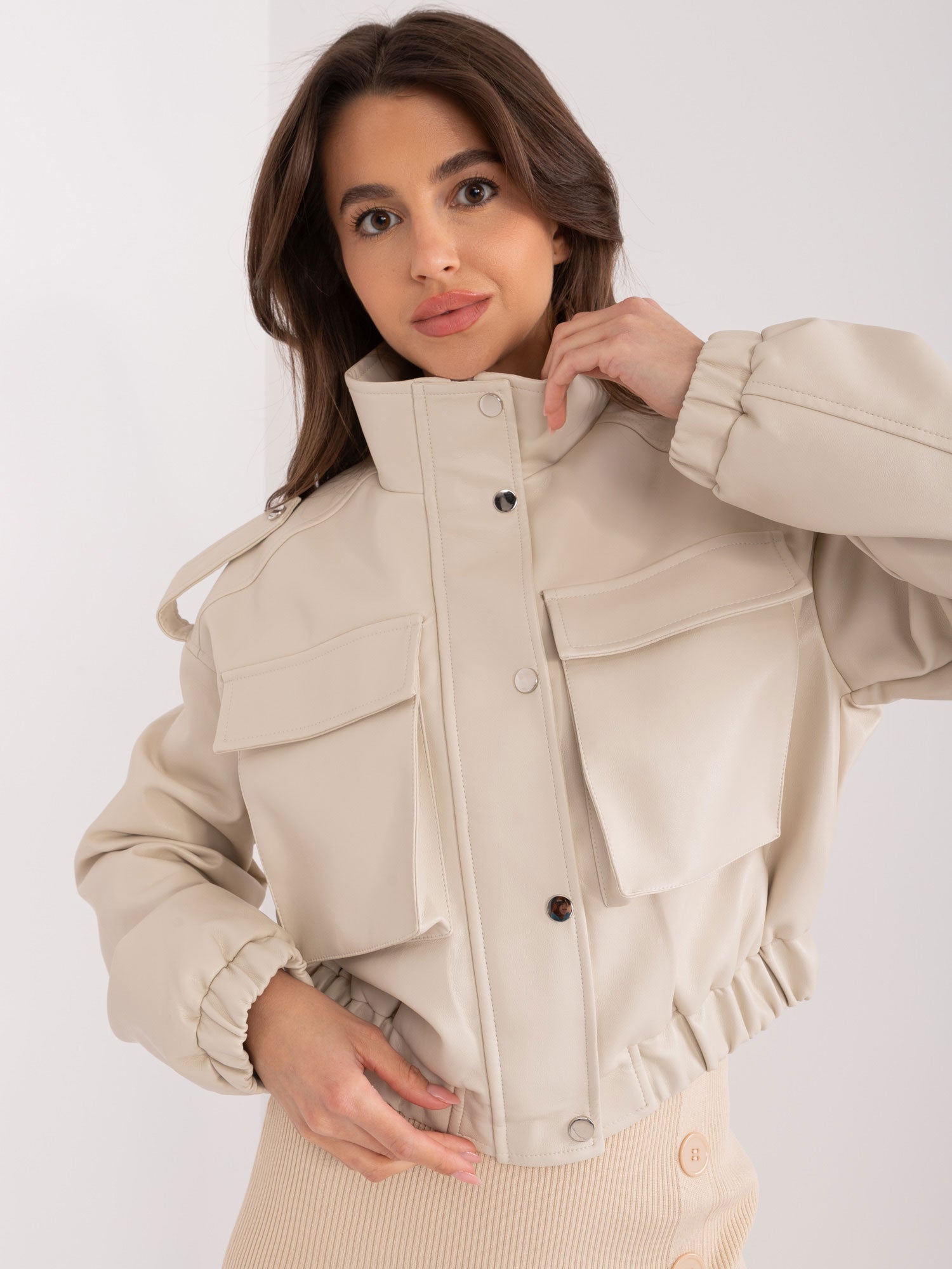S/M / Beige Giacca Utility in Ecopelle con Mostrine