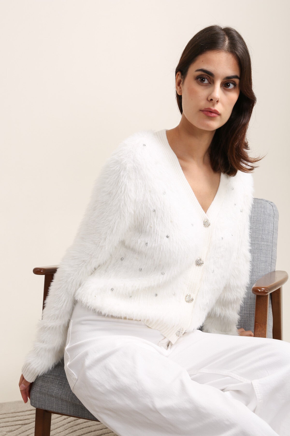 Cardigan maglia pelosa con strass