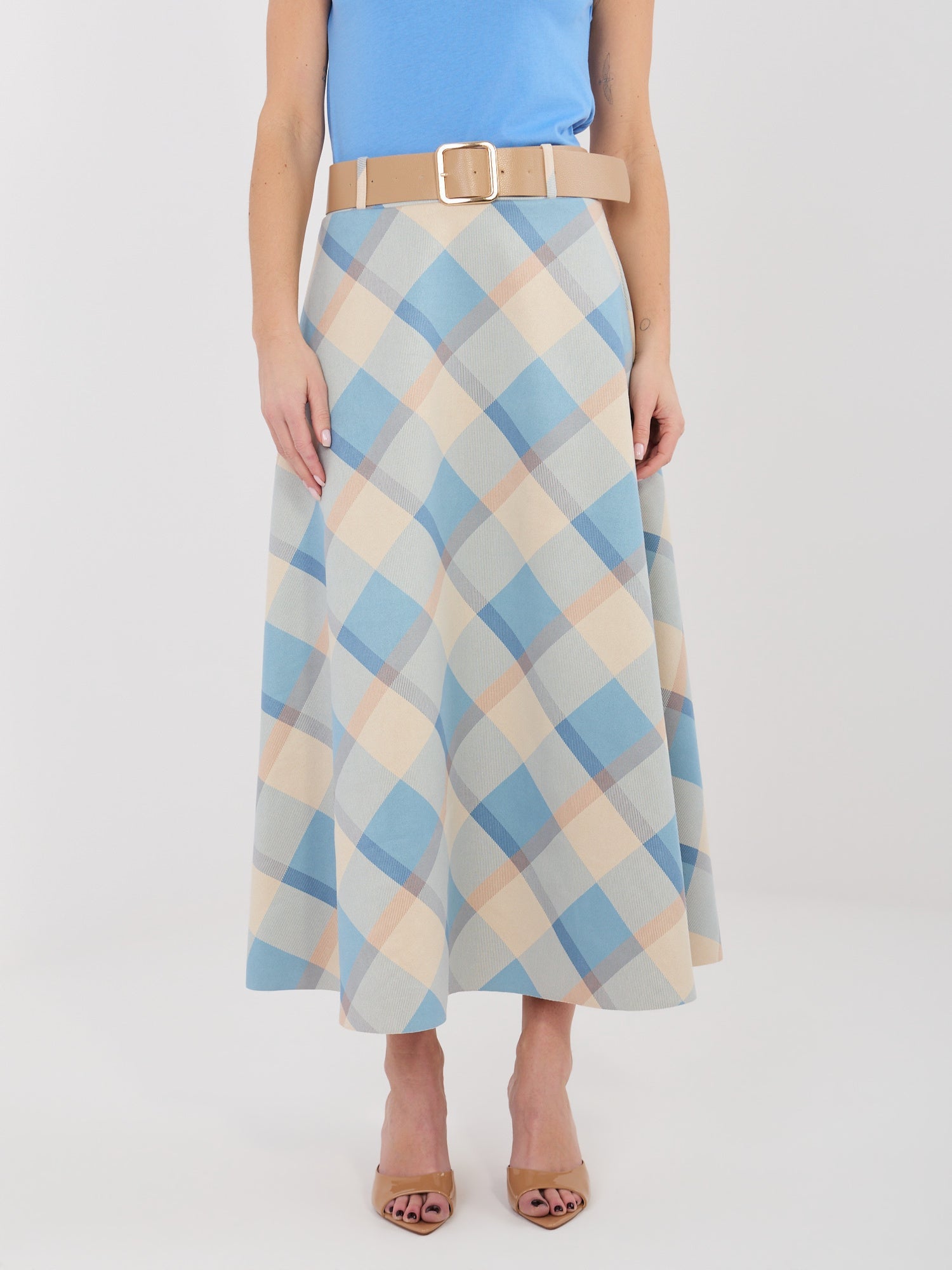 Azzurro / ONE SIZE Gonna Maxi a Ruota con Fantasia Quadri