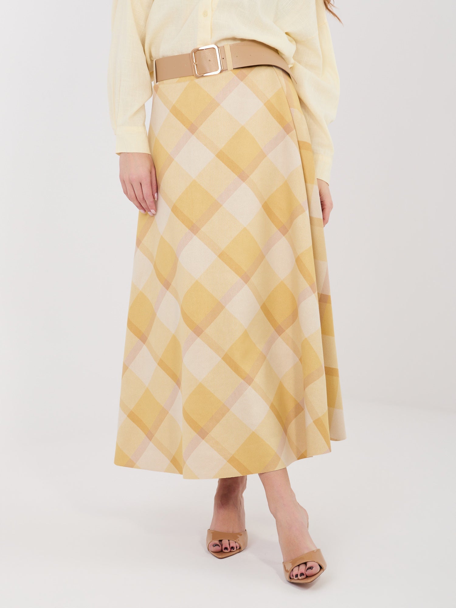 Giallo / ONE SIZE Gonna Maxi a Ruota con Fantasia Quadri