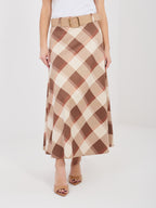 Marrone / ONE SIZE Gonna Maxi a Ruota con Fantasia Quadri