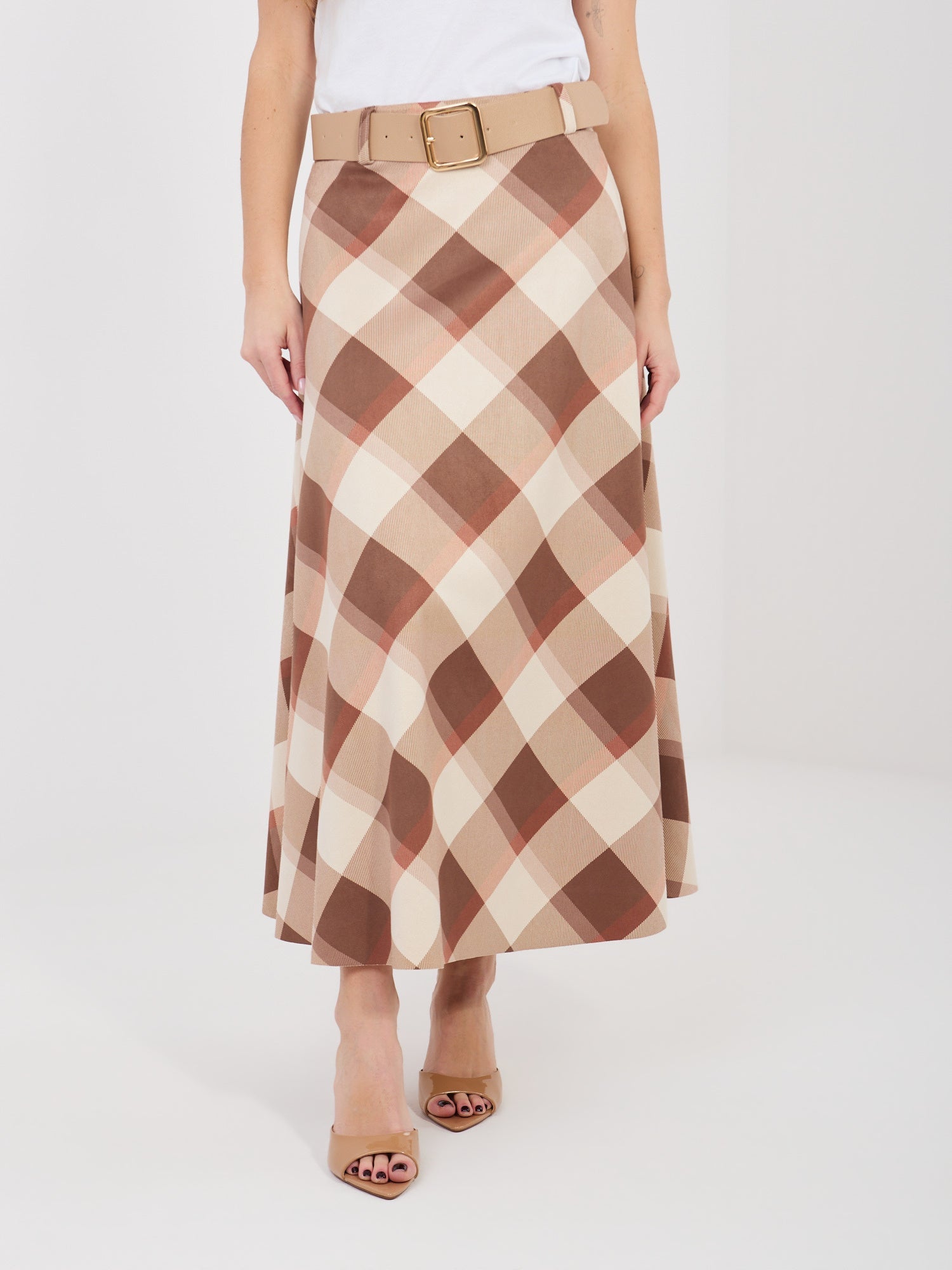 Marrone / ONE SIZE Gonna Maxi a Ruota con Fantasia Quadri