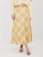 Giallo / ONE SIZE Gonna Maxi a Ruota con Fantasia Quadri