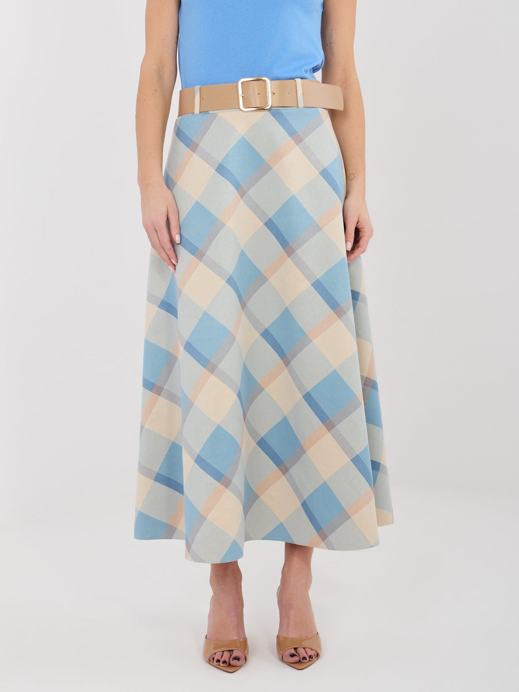 Azzurro / ONE SIZE Gonna Maxi a Ruota con Fantasia Quadri