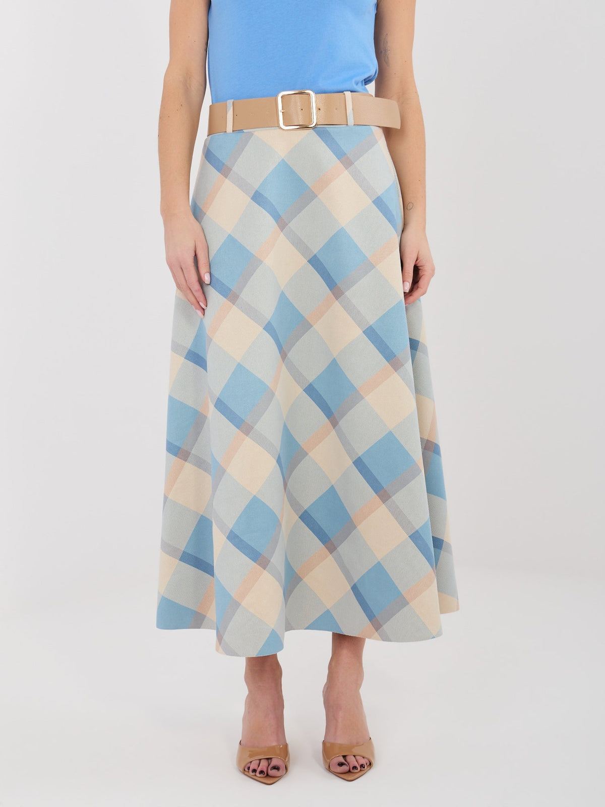 Azzurro / ONE SIZE Gonna Maxi a Ruota con Fantasia Quadri