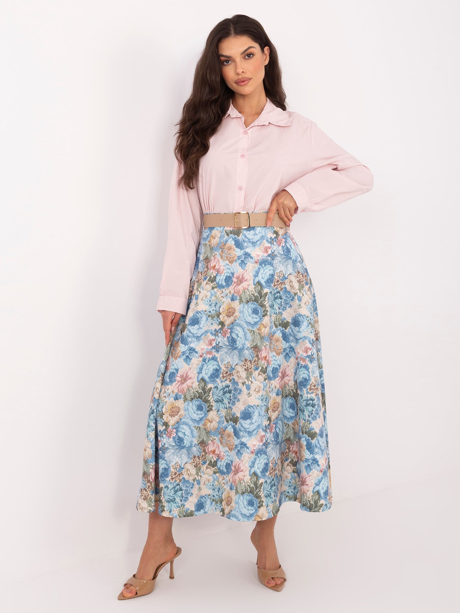 Azzurro / ONE SIZE Gonna Midi Elegante a Fiori con Cintura