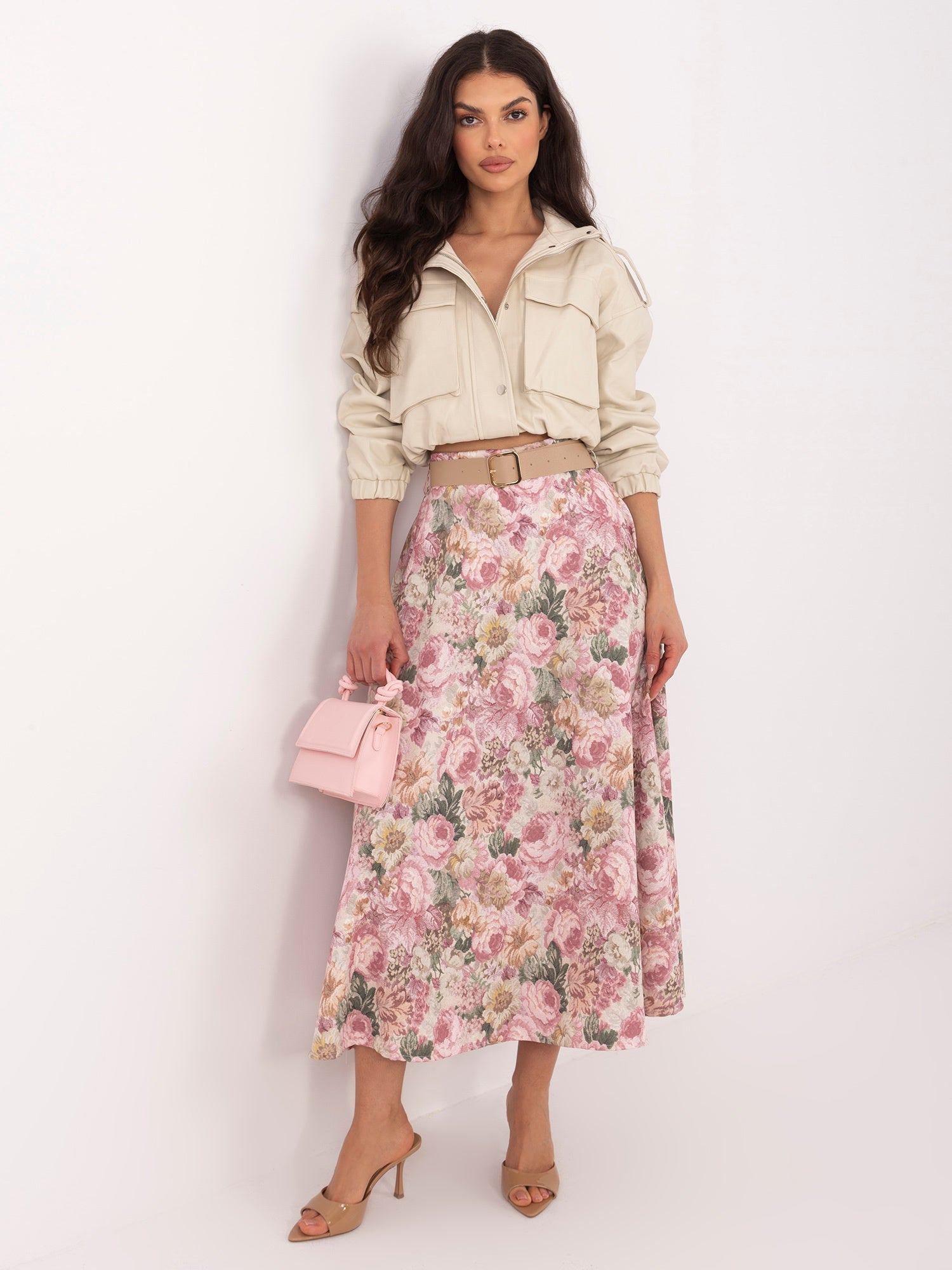 Rosa / ONE SIZE Gonna Midi Elegante a Fiori con Cintura
