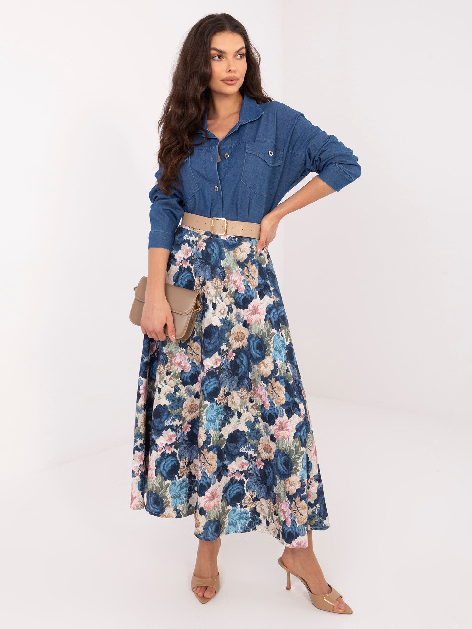 Blu / ONE SIZE Gonna Midi Elegante a Fiori con Cintura