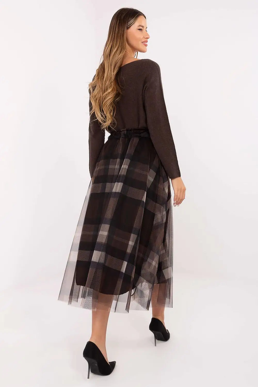 Gonna midi in tulle svasata con motivo a quadri - 219214