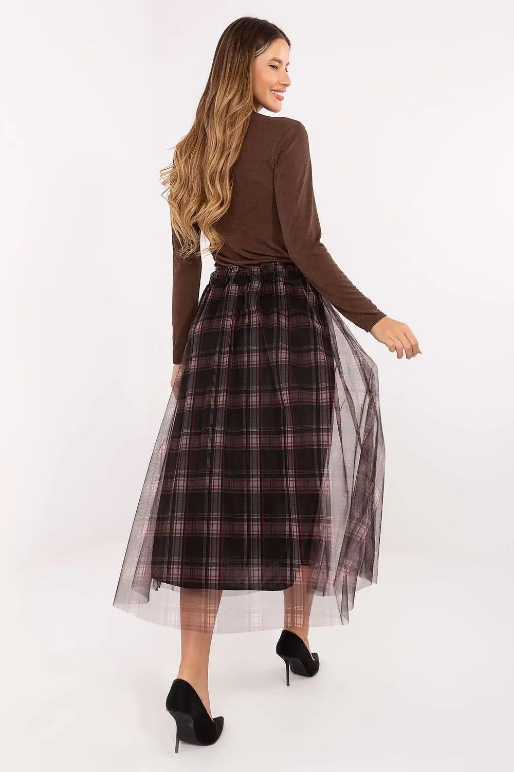 Gonna midi in tulle svasata con motivo a quadri - 219214