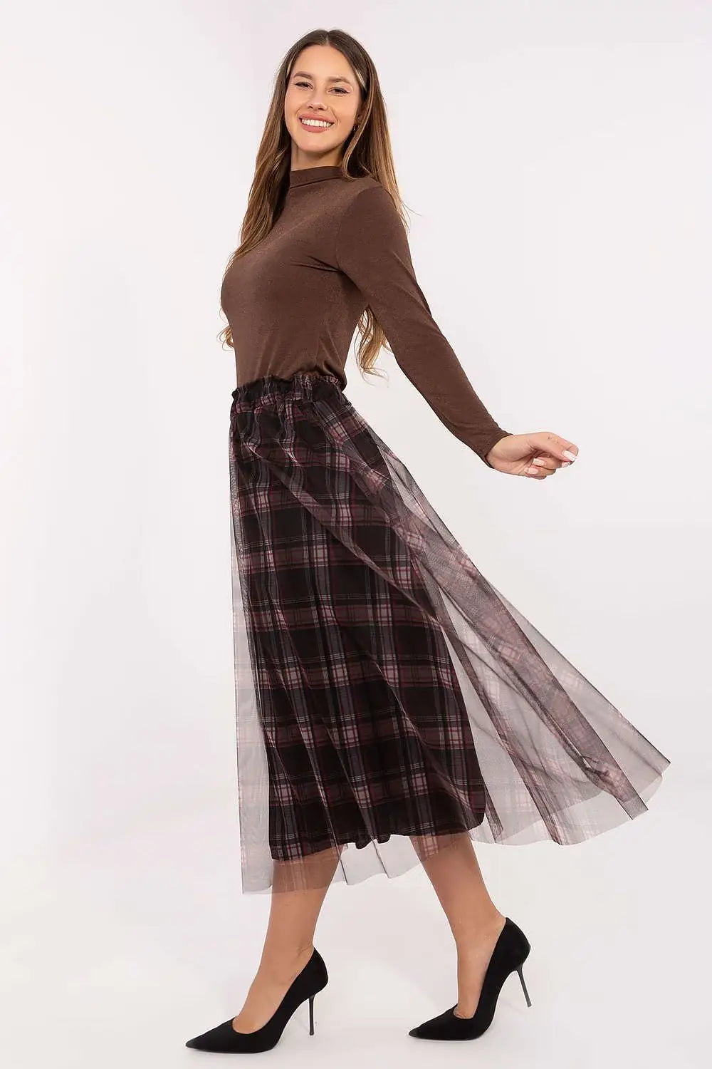 Gonna midi in tulle svasata con motivo a quadri - 219214