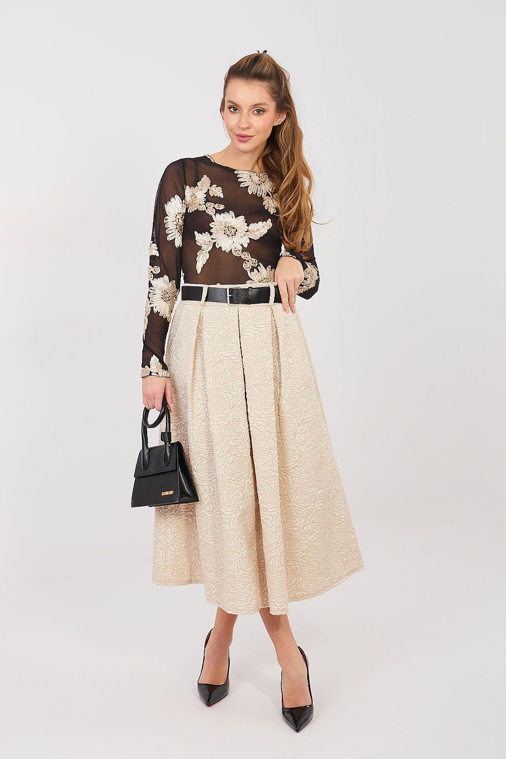Beige / Universale Gonna midi svasata a pieghe con cintura