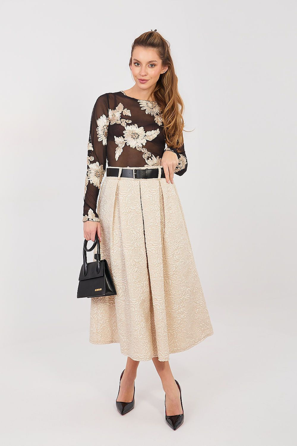 Beige / Universale Gonna midi svasata a pieghe con cintura